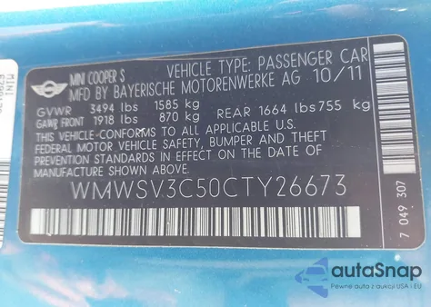 2012 Mini Cooper S z USA, uszkodzony, nr VIN WMWSV3C50CTY26673